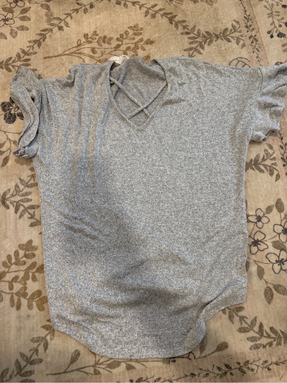 Caution To The Wind Heather Gray Short Sleeve Top with Crisscross V-Neck